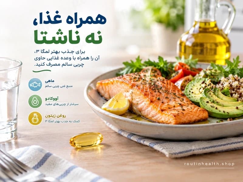 مصرف کپسول امگا ۳ همراه با وعده غذایی حاوی چربی سالم برای جذب بهتر