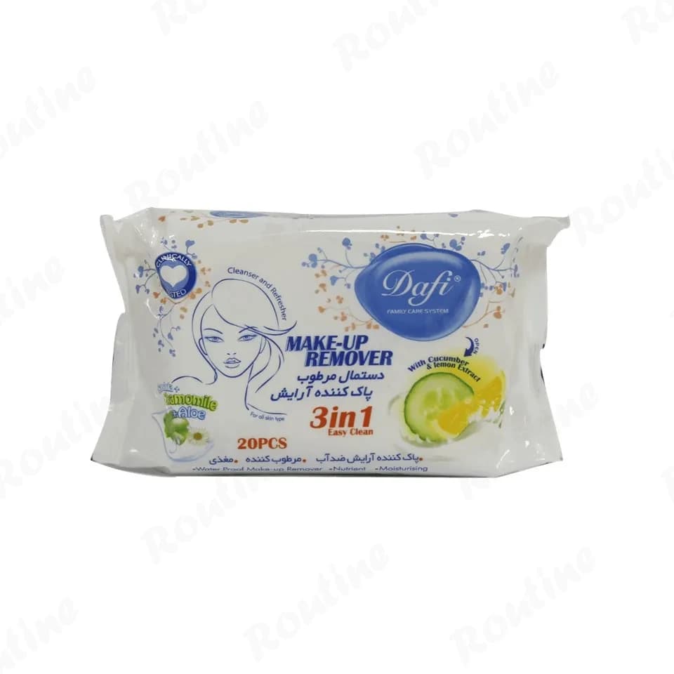 دستمال مرطوب پاککننده آرایش دافی مدل 3in1 بسته 20 عددی
